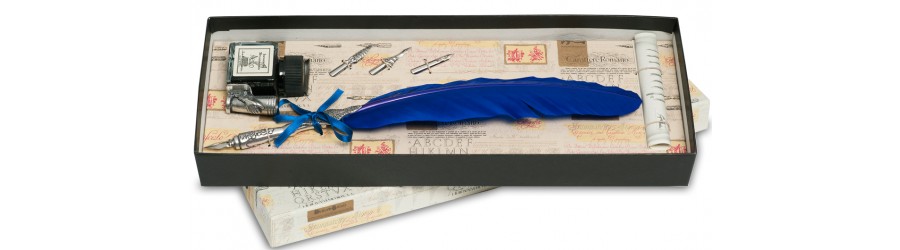 Penna Stilografica con Piuma lavorata, inchiostro con supporto e 3 pennini