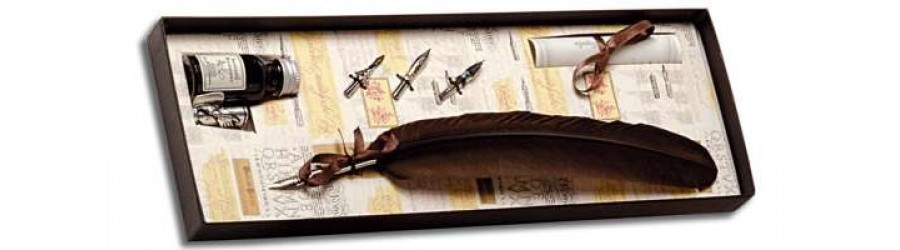 Penna Stilografica con Piuma, 3 pennini, inchiostro e calamaio