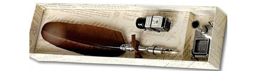 Penna Stilografica con Piuma, inchiostro e calamaio